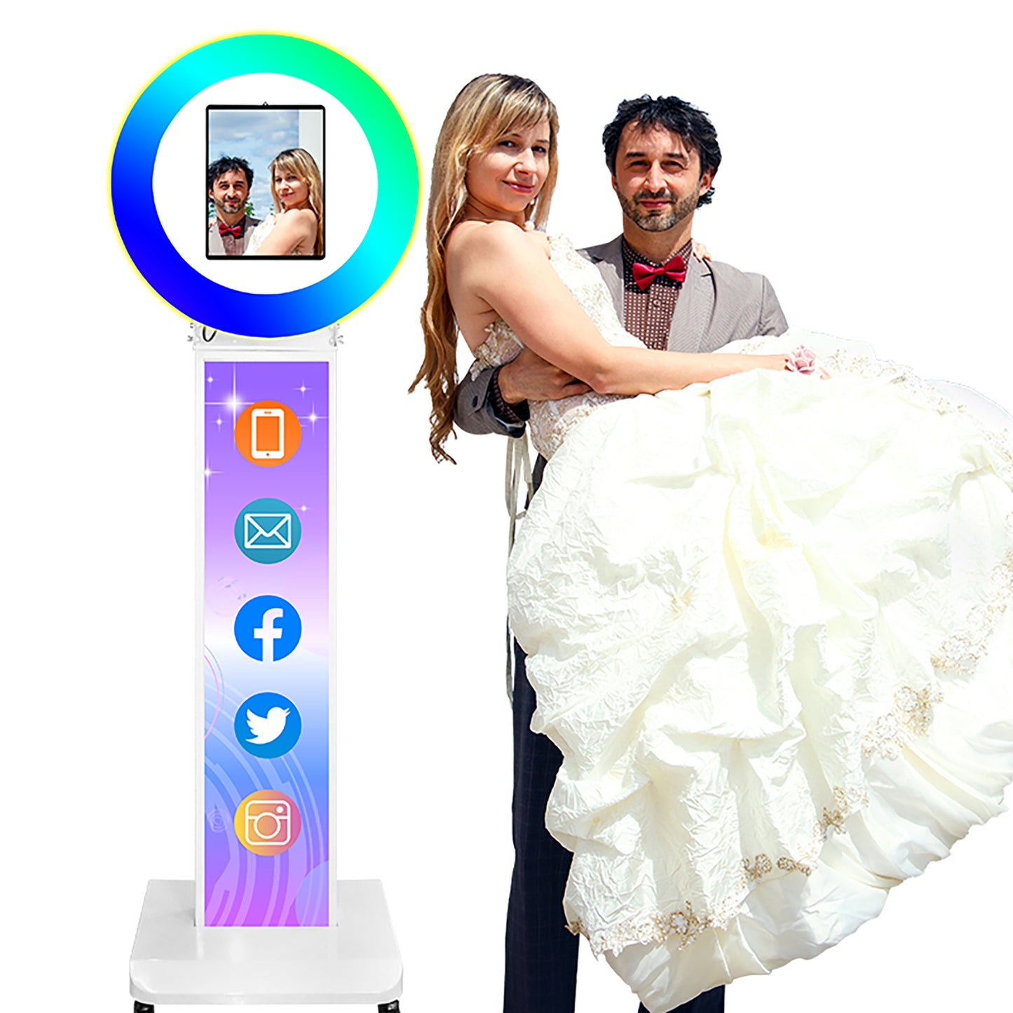 Photo Booth Shell Stand Stand for IPad 10.2" 10.9" 11" 12.9" 13" Printer Stand Selfie Customized Logo Photobooth with Round RGB LED Light Ring and Flight Case for Events Christmas Wedding