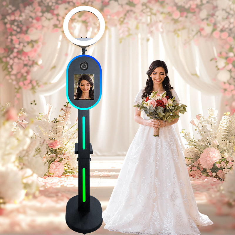 Portable Photo Booth for iPad 10.2" 10.9'' 11'' 12.9'' Shell Stand Selfie Station Customized Logo Photobooth Machine with Round Adjustable RGB LED Light Ring for Events Rental Wedding