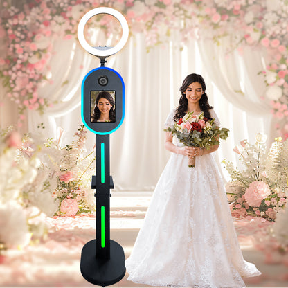 Portable Photo Booth for iPad 10.2" 10.9'' 11'' 12.9'' Shell Stand Selfie Station Customized Logo Photobooth Machine with Round Adjustable RGB LED Light Ring for Events Rental Wedding