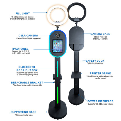 Portable Photo Booth for iPad 10.2" 10.9'' 11'' 12.9'' Shell Stand Selfie Station Customized Logo Photobooth Machine with Round Adjustable RGB LED Light Ring for Events Rental Wedding