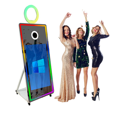 Magic Mirror Photo Booth 65'' with Camera and Printer Square Light Portable Mirror Photobooth Machine with 32'' Touch Screen with Flight Case Mirror Booth for Events Parties Wedding Rental