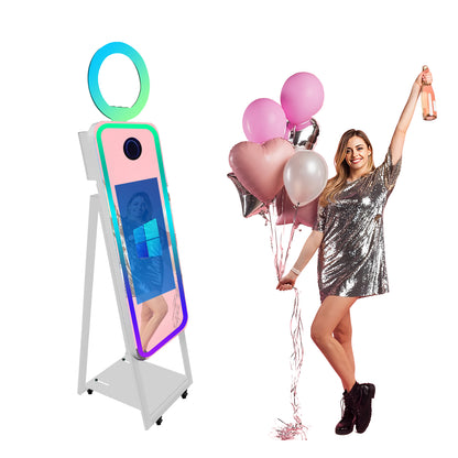 Magic Mirror Photo Booth 65'' with Camera and Printer Square Light Portable Mirror Photobooth Machine with 32'' Touch Screen with Flight Case Mirror Booth for Events Parties Wedding Rental