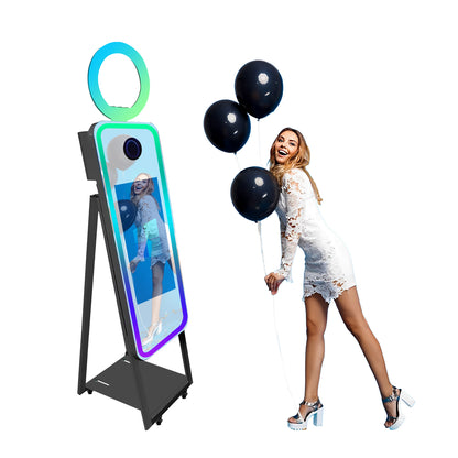 Magic Mirror Photo Booth 65'' with Camera and Printer Square Light Portable Mirror Photobooth Machine with 32'' Touch Screen with Flight Case Mirror Booth for Events Parties Wedding Rental