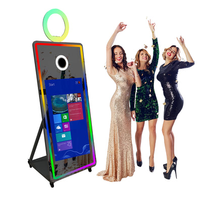 Magic Mirror Photo Booth 65'' with Camera and Printer Square Light Portable Mirror Photobooth Machine with 32'' Touch Screen with Flight Case Mirror Booth for Events Parties Wedding Rental