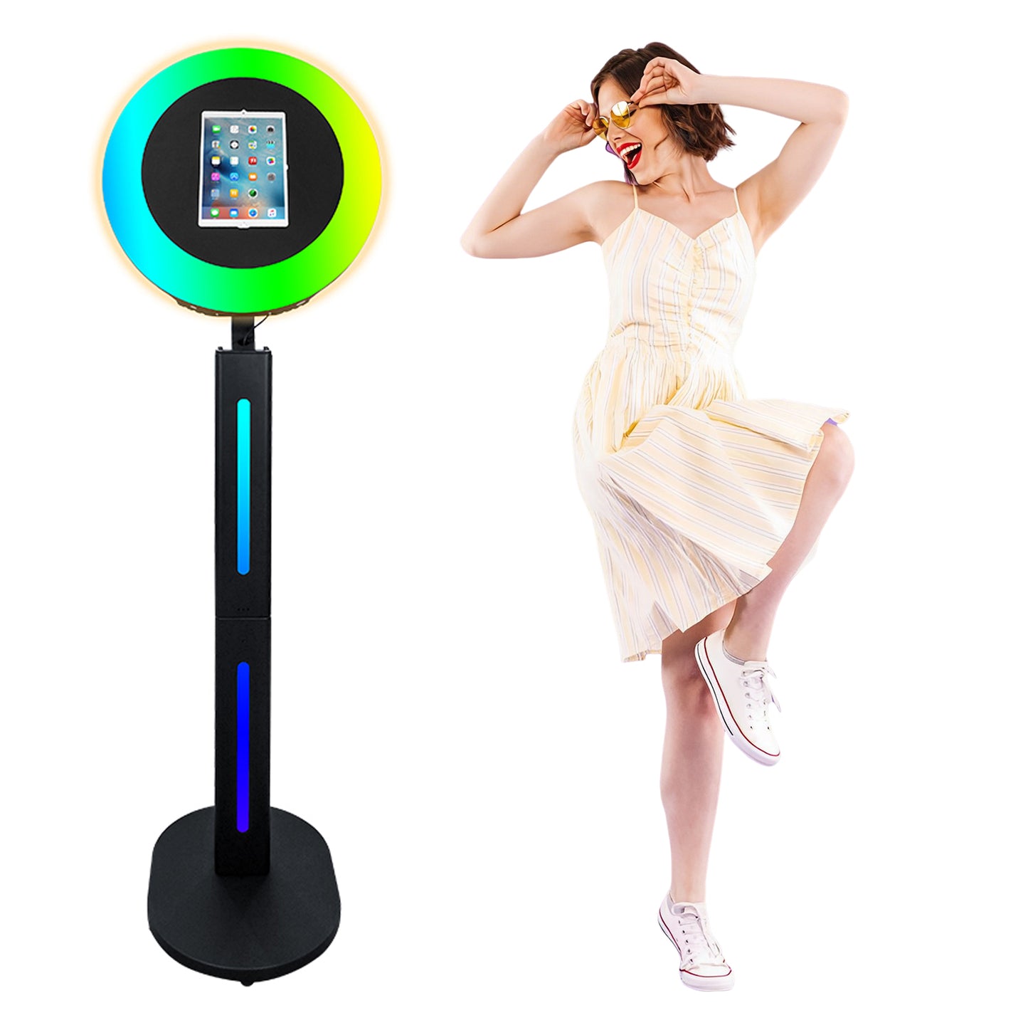 Photo Booth Shell Stand Stand for IPad 10.2" 10.9" 11" 12.9" 13" Printer Stand Selfie Customized Logo Photobooth with Round RGB LED Light Ring and Flight Case for Events Christmas Wedding