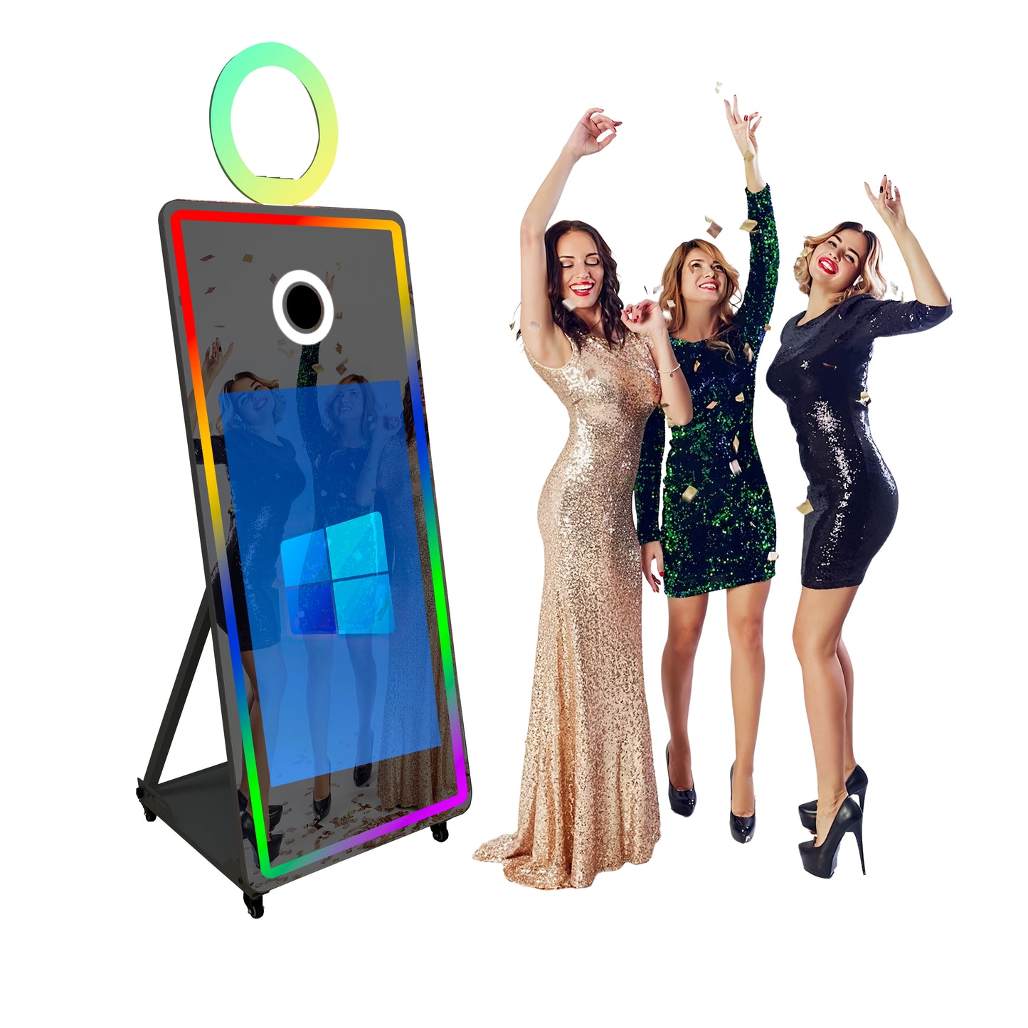 Magic Mirror Photo Booth 65'' with Camera and Printer Square Light Portable Mirror Photobooth Machine with 32'' Touch Screen with Flight Case Mirror Booth for Events Parties Wedding Rental