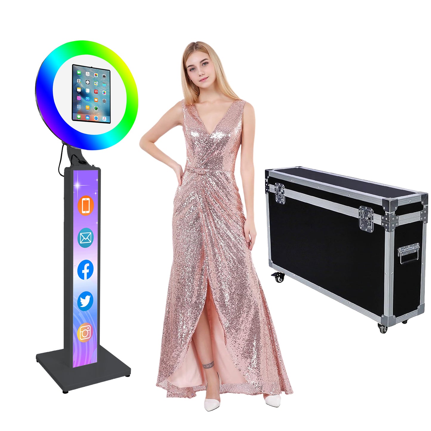 Photo Booth Shell Stand Stand for IPad 10.2" 10.9" 11" 12.9" 13" Printer Stand Selfie Customized Logo Photobooth with Round RGB LED Light Ring and Flight Case for Events Christmas Wedding