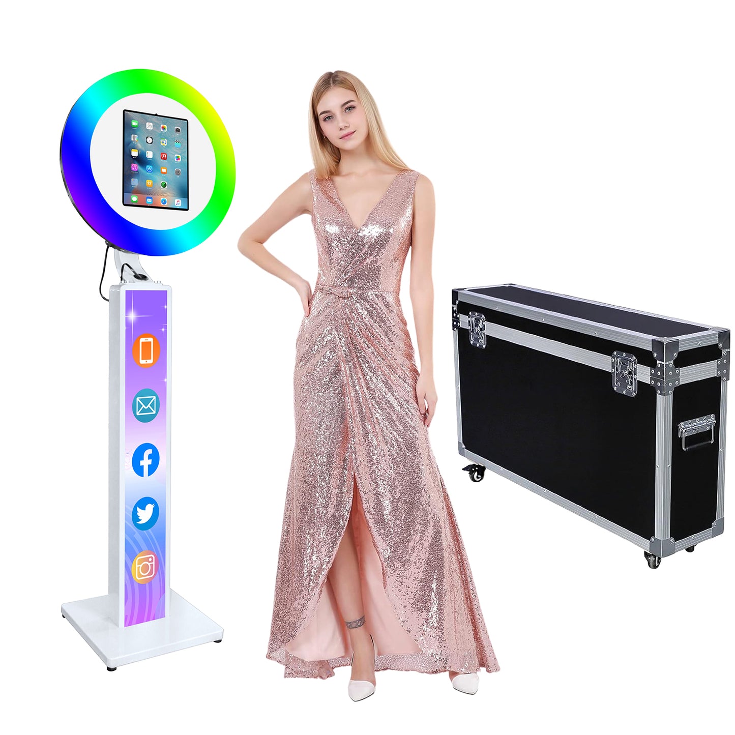 Photo Booth Shell Stand Stand for IPad 10.2" 10.9" 11" 12.9" 13" Printer Stand Selfie Customized Logo Photobooth with Round RGB LED Light Ring and Flight Case for Events Christmas Wedding