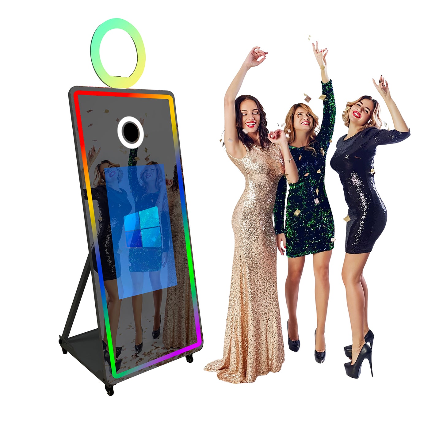 Magic Mirror Photo Booth 65'' with Camera and Printer Square Light Portable Mirror Photobooth Machine with 32'' Touch Screen with Flight Case Mirror Booth for Events Parties Wedding Rental