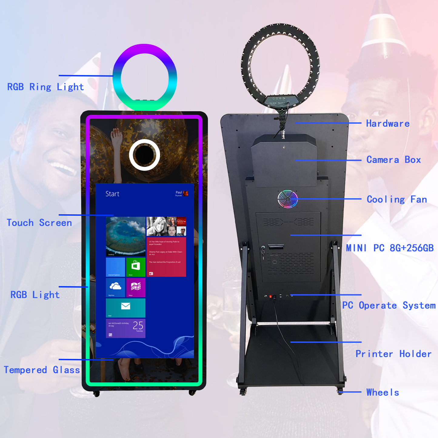 Magic Mirror Photo Booth 65'' with Camera and Printer Square Light Portable Mirror Photobooth Machine with 32'' Touch Screen with Flight Case Mirror Booth for Events Parties Wedding Rental