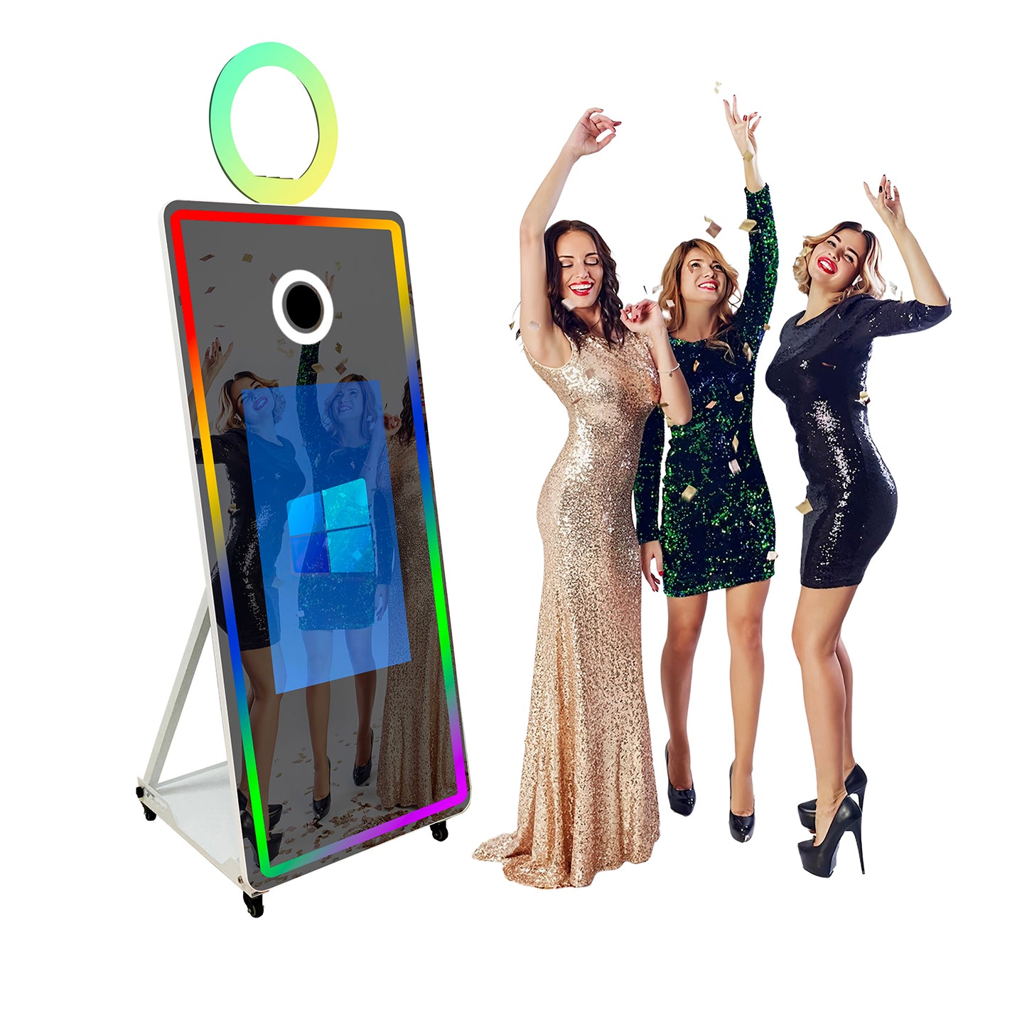 Magic Mirror Photo Booth 65'' with Camera and Printer Square Light Portable Mirror Photobooth Machine with 32'' Touch Screen with Flight Case Mirror Booth for Events Parties Wedding Rental