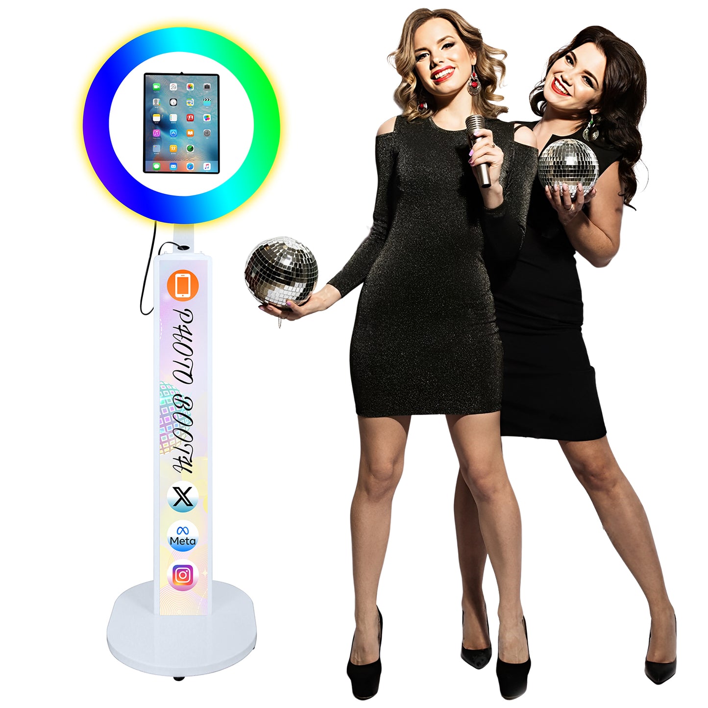 Photo Booth Shell Stand Stand for IPad 10.2" 10.9" 11" 12.9" 13" Printer Stand Selfie Customized Logo Photobooth with Round RGB LED Light Ring and Flight Case for Events Christmas Wedding