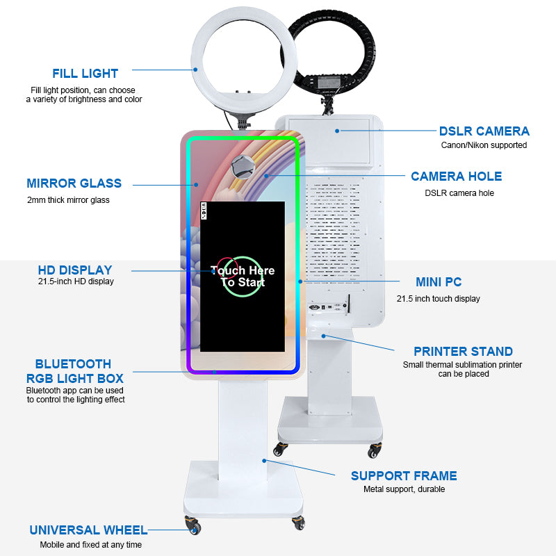 21.5 inch Touch Screen Magic Mirror Photo Booth Built-in Mini PC Portable Mirror Photo Booth Selfie Machine for Partys Events