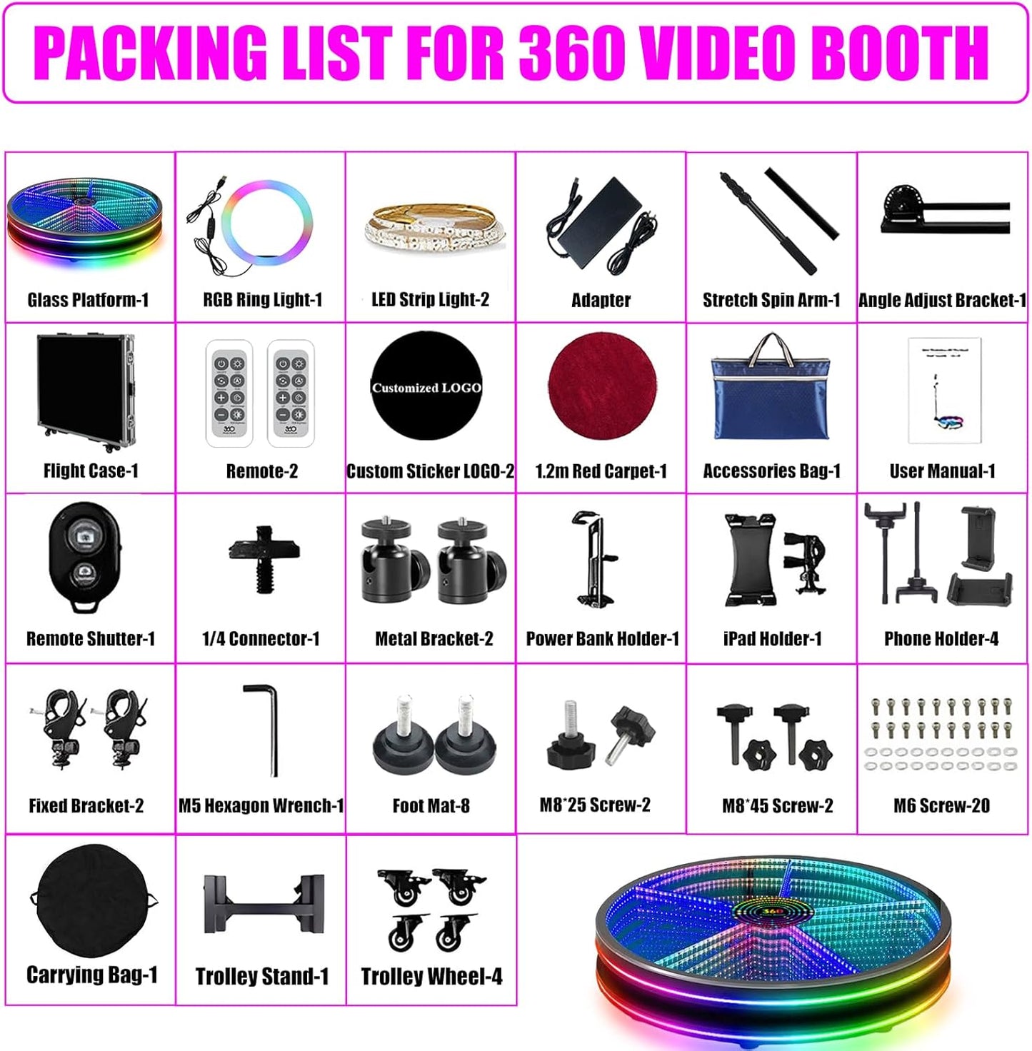 RGB Glass 360 Photo Booth Cabin 360 Photobooth Automatic Rotating Selfie Machine Spinning Video Booth for Party Events