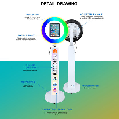 Photo Booth Shell Stand Stand for IPad 10.2" 10.9" 11" 12.9" 13" Printer Stand Selfie Customized Logo Photobooth with Round RGB LED Light Ring and Flight Case for Events Christmas Wedding