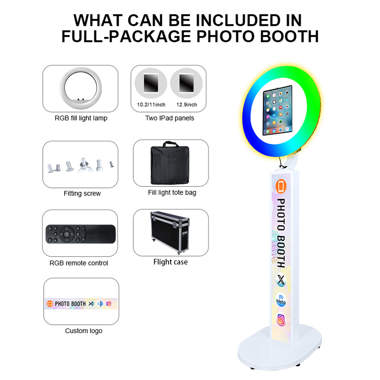 Photo Booth Shell Stand Stand for IPad 10.2" 10.9" 11" 12.9" 13" Printer Stand Selfie Customized Logo Photobooth with Round RGB LED Light Ring and Flight Case for Events Christmas Wedding