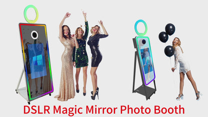 Magic Mirror Photo Booth 65'' with Camera and Printer Square Light Portable Mirror Photobooth Machine with 32'' Touch Screen with Flight Case Mirror Booth for Events Parties Wedding Rental